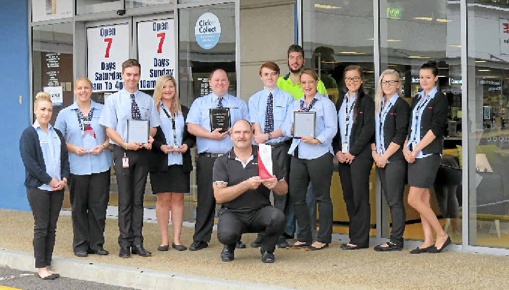 WINNERS ARE GRINNERS: The Harvey Norman Gladstone team (from left) Amanda Hanlon, Stevie Bennett-Wood, Wesley Stops, Brody Warburton, Jake Mellor, Ashlea Worbs-Reinders, Alysha Dorman, Amelia Johnson, Nic Murphy, Les Ispanovic, Simone Lockett and Bec Matthews. WINNERS ARE GRINNERS: The Harvey Norman Gladstone team (from left) Amanda Hanlon, Stevie Bennett-Wood, Wesley Stops, Brody Warburton, Jake Mellor, Ashlea Worbs-Reinders, Alysha Dorman, Amelia Johnson, Nic Murphy, Les Ispanovic, Simone Lockett and Bec Matthews.